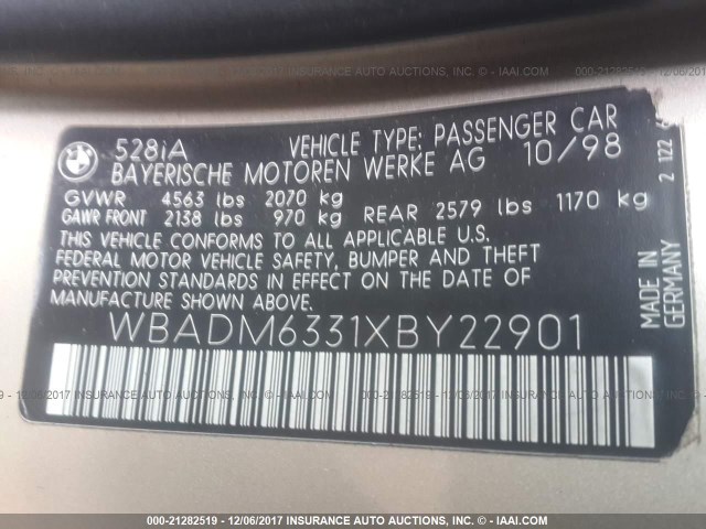 WBADM6331XBY22901 - 1999 BMW 528 I AUTOMATIC GOLD photo 9