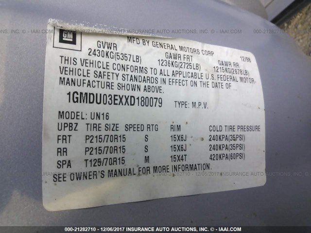 1GMDU03EXXD180079 - 1999 PONTIAC MONTANA / TRANS S  SILVER photo 9