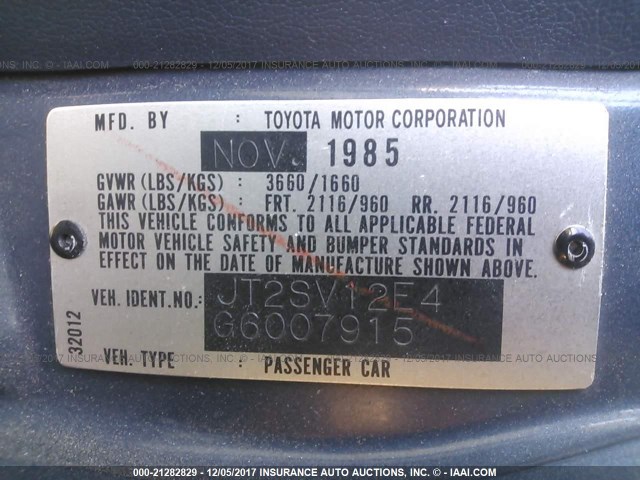 JT2SV12E4G6007915 - 1986 TOYOTA CAMRY DLX BLUE photo 9