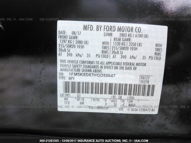 1FM5K8D87HGD88647 - 2017 FORD EXPLORER XLT BLACK photo 9