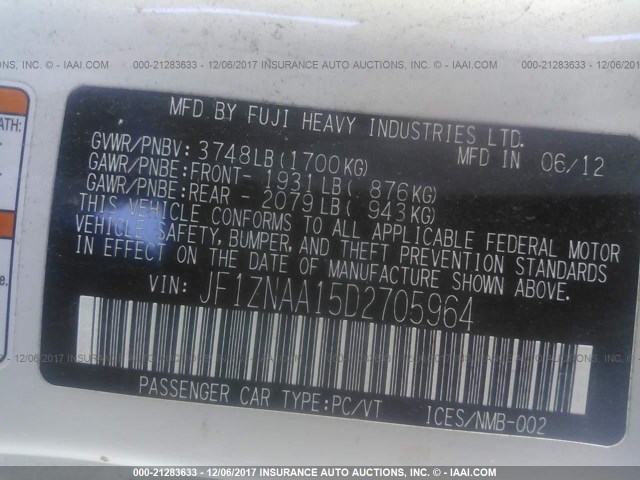 JF1ZNAA15D2705964 - 2013 TOYOTA SCION FR-S WHITE photo 9