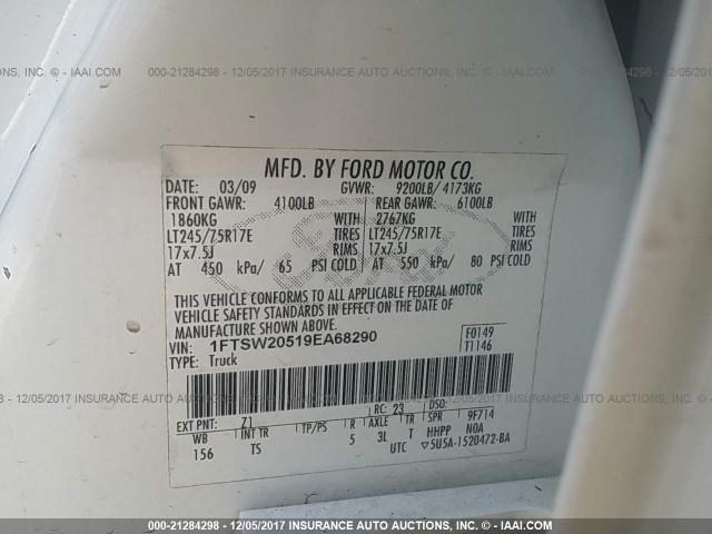 1FTSW20519EA68290 - 2009 FORD F250 SUPER DUTY WHITE photo 9