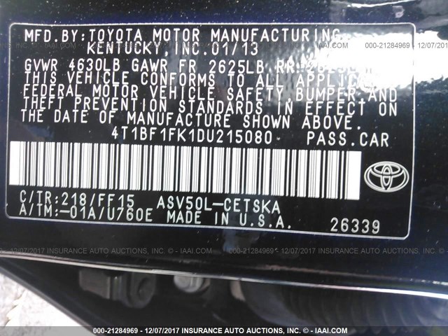 4T1BF1FK1DU215080 - 2013 TOYOTA CAMRY L/SE/LE/XLE 黑色 照片 9