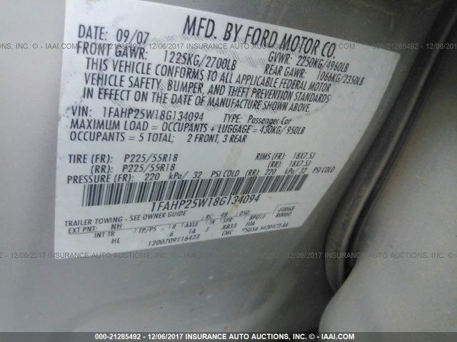 1FAHP25W18G134094 - 2008 FORD TAURUS LIMITED GRAY photo 9