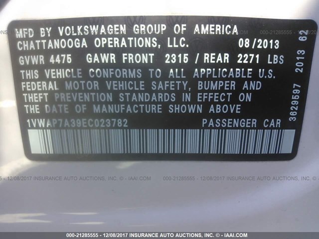 1VWAP7A39EC023782 - 2014 VOLKSWAGEN PASSAT S WHITE photo 9