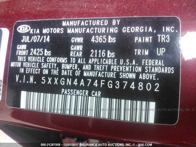 5XXGN4A74FG374802 - 2015 KIA OPTIMA EX RED photo 9