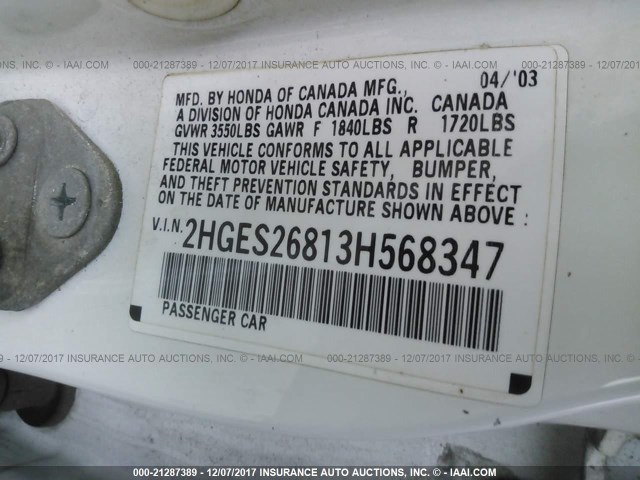 2HGES26813H568347 - 2003 HONDA CIVIC EX WHITE photo 9