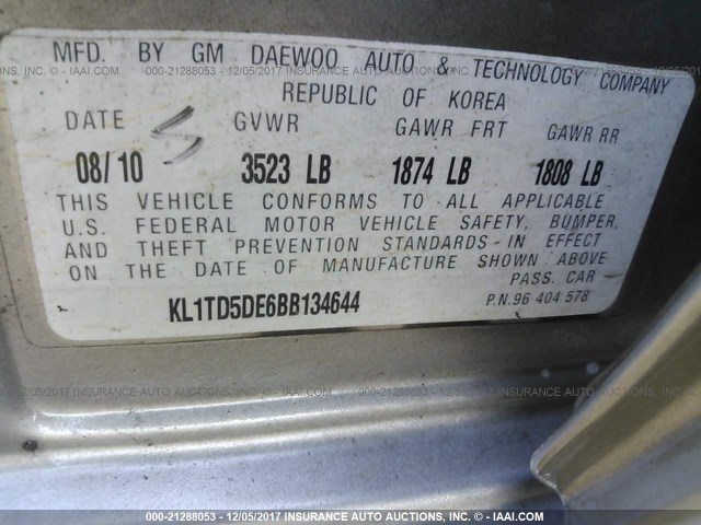 KL1TD5DE6BB134644 - 2011 CHEVROLET AVEO LS/LT 灰色 照片 9