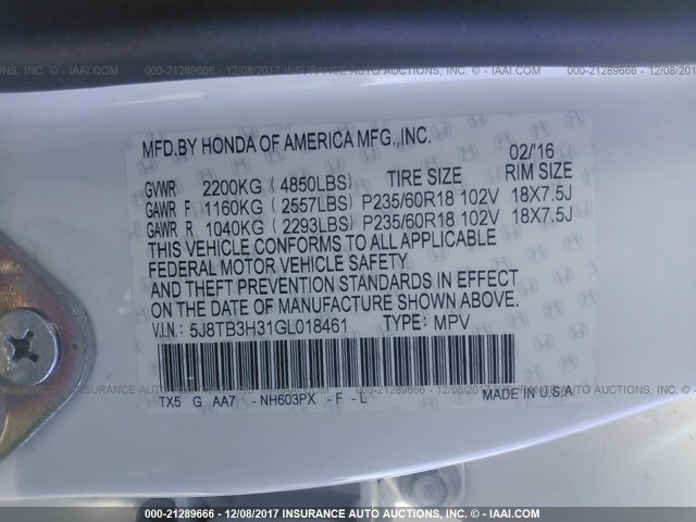 5J8TB3H31GL018461 - 2016 ACURA RDX WHITE photo 9