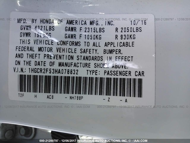 1HGCR2F53HA078832 - 2017 HONDA ACCORD SPORT 白色 照片 9