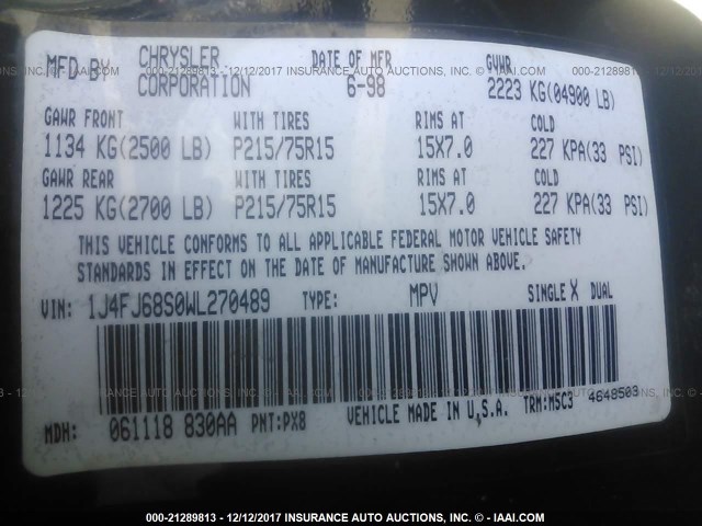 1J4FJ68S0WL270489 - 1998 JEEP CHEROKEE SPORT/CLASSIC შავი ფოტო 9