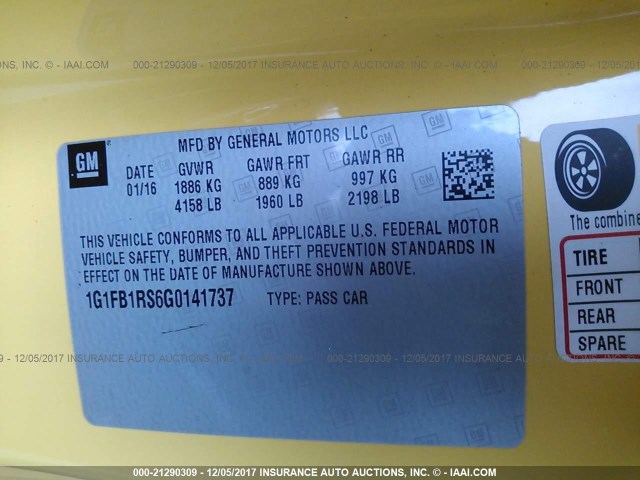 1G1FB1RS6G0141737 - 2016 CHEVROLET CAMARO LT YELLOW photo 9