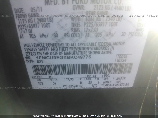 1FMCU9EGXBKC49775 - 2011 FORD ESCAPE LIMITED GRAY photo 9