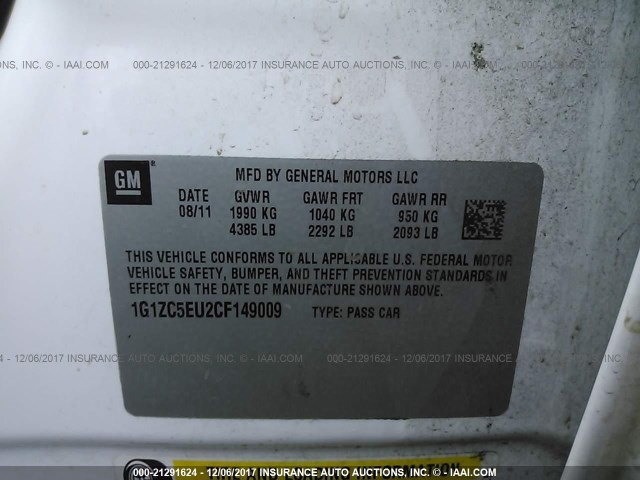 1G1ZC5EU2CF149009 - 2012 CHEVROLET MALIBU 1LT 白色 照片 9