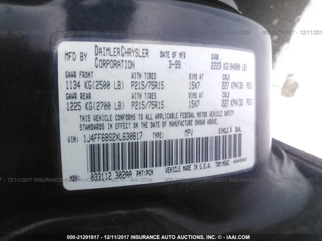 1J4FF68S2XL630817 - 1999 JEEP CHEROKEE SPORT/CLASSIC Ciemnoniebieski zdjęcie 9