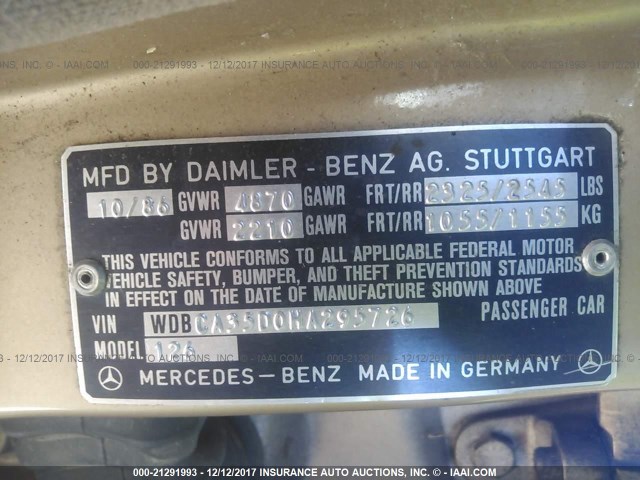 WDBCA35D0HA295726 - 1987 MERCEDES-BENZ 420 SEL GOLD photo 9