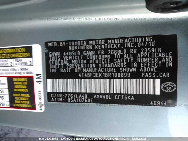 4T4BF3EK1BR108899 - 2011 TOYOTA CAMRY SE/LE/XLE მწვანე ფოტო 9