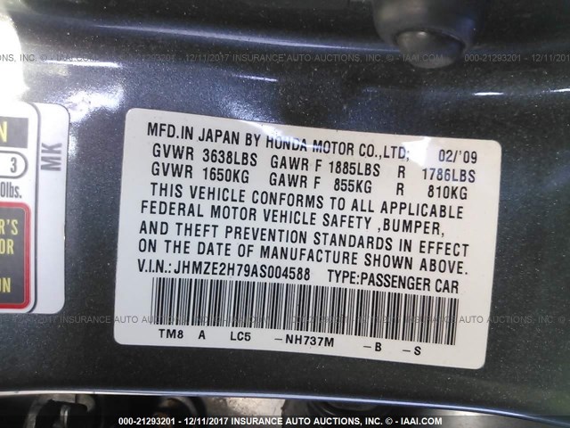 JHMZE2H79AS004588 - 2010 HONDA INSIGHT EX GRAY photo 9