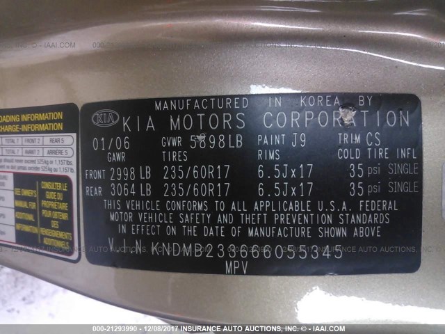 KNDMB233666055345 - 2006 KIA SEDONA EX/LX GOLD photo 9