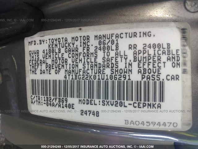 4T1BG22K01U106291 - 2001 TOYOTA CAMRY CE/LE/XLE ყავისფერი ფოტო 9