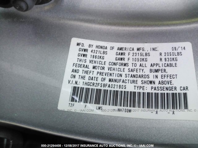 1HGCR2F59FA021905 - 2015 HONDA ACCORD SPORT SILVER photo 9