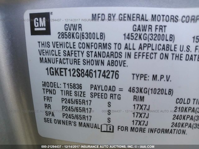 1GKET12S846174276 - 2004 GMC ENVOY XUV SILVER photo 9