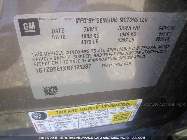 1G1ZB5E1XBF125287 - 2011 CHEVROLET MALIBU LS 灰色 照片 9