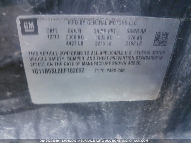 1G11B5SL8EF182062 - 2014 CHEVROLET MALIBU LS 灰色 照片 9