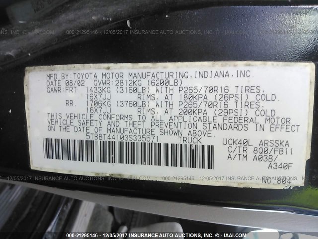 5TBBT44103S335571 - 2003 TOYOTA TUNDRA ACCESS CAB SR5 BLACK photo 9