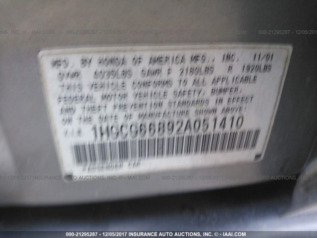 1HGCG66892A051410 - 2002 HONDA ACCORD EX/SE SILVER photo 9