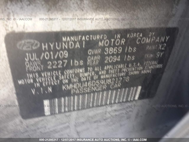 KMHDU46D59U821278 - 2009 HYUNDAI ELANTRA GLS/SE SILVER photo 9