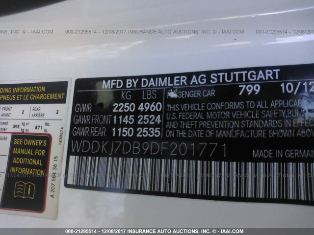 WDDKJ7DB9DF201771 - 2013 MERCEDES-BENZ E 550 WHITE photo 9