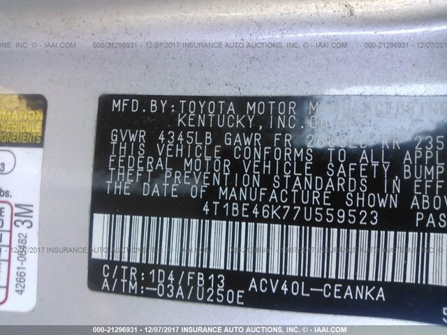 4T1BE46K77U559523 - 2007 TOYOTA CAMRY NEW GENERAT CE/LE/XLE/SE SILVER photo 9