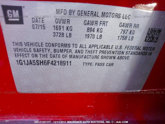 1G1JA5SH6F4218911 - 2015 CHEVROLET SONIC LS 红色 照片 9