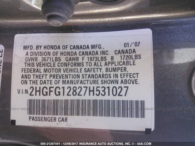 2HGFG12827H531027 - 2007 HONDA CIVIC EX GRAY photo 9