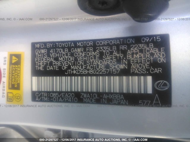 JTHKD5BH8G2257157 - 2016 LEXUS CT 200 WHITE photo 9