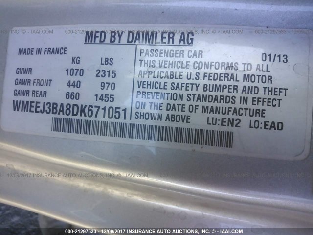 WMEEJ3BA8DK671051 - 2013 SMART FORTWO PURE/PASSION SILVER photo 9