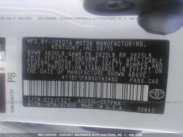 4T1BF1FK8GU143492 - 2016 TOYOTA CAMRY LE/XLE/SE/XSE Blanc photo 9