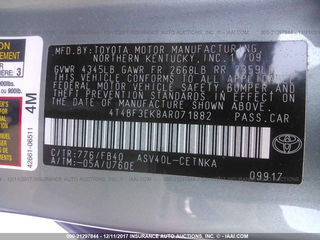 4T4BF3EK8AR071882 - 2010 TOYOTA CAMRY SE/LE/XLE Light Blue photo 9