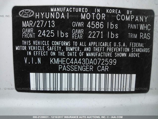 KMHEC4A43DA072599 - 2013 HYUNDAI SONATA HYBRID WHITE photo 9