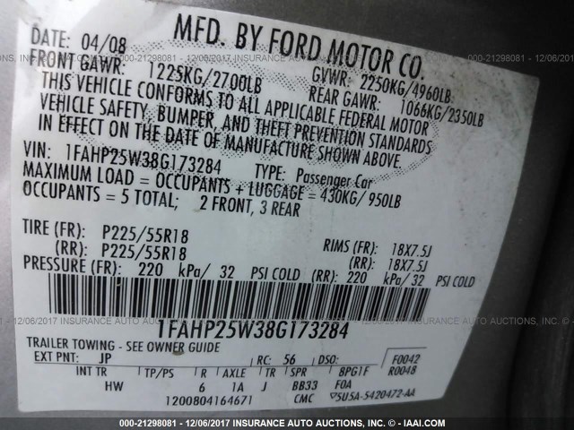 1FAHP25W38G173284 - 2008 FORD TAURUS LIMITED SILVER photo 9