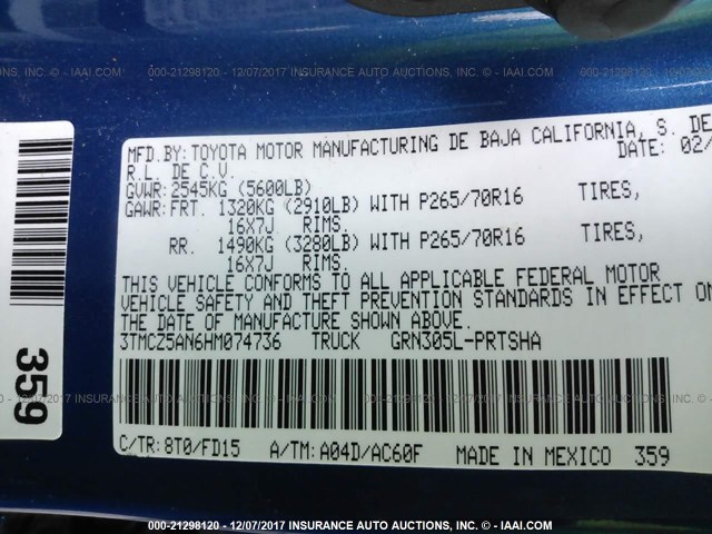 3TMCZ5AN6HM074736 - 2017 TOYOTA TACOMA DBL CAB/SR/TRDSPT/OR/PRO BLUE photo 9