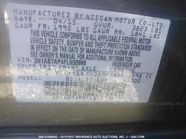 3N1AB7AP4FL650998 - 2015 NISSAN SENTRA S/SV/SR/SL GRAY photo 9