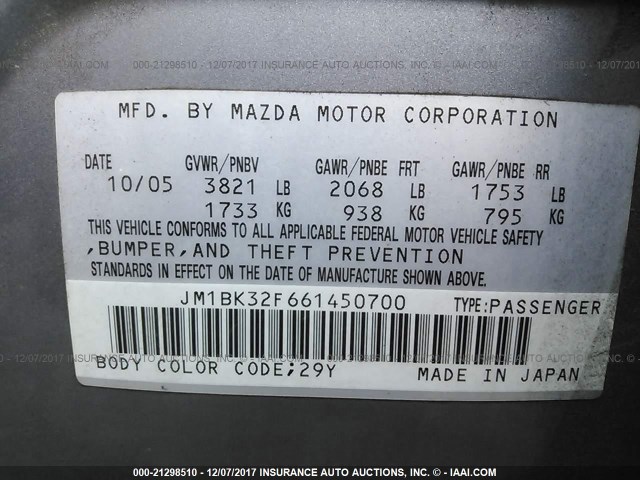 JM1BK32F661450700 - 2006 MAZDA 3 I GRAY photo 9