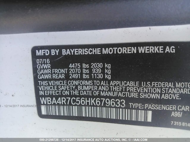 WBA4R7C56HK679633 - 2017 BMW 430I WHITE photo 9