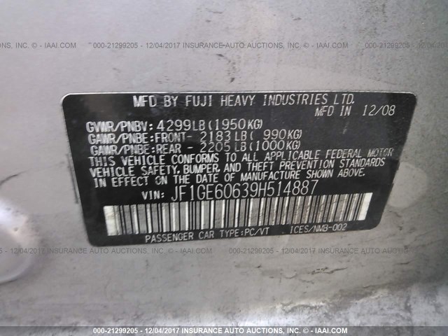 JF1GE60639H514887 - 2009 SUBARU IMPREZA 2.5I PREMIUM SILVER photo 9