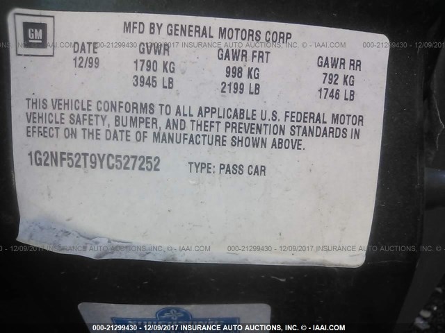 1G2NF52T9YC527252 - 2000 PONTIAC GRAND AM SE1 GREEN photo 9