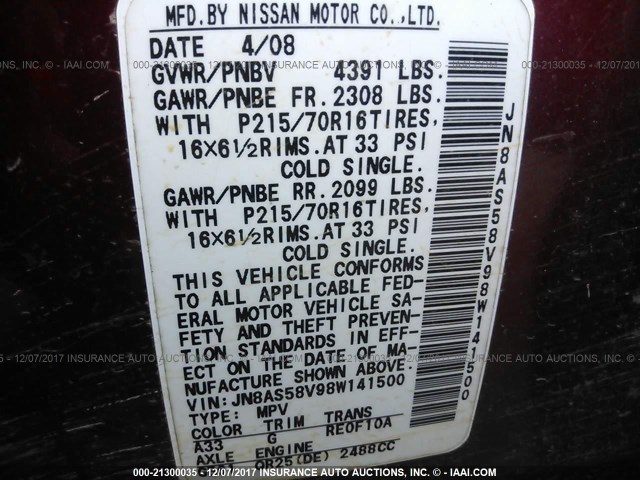 JN8AS58V98W141500 - 2008 NISSAN ROGUE S/SL MAROON photo 9