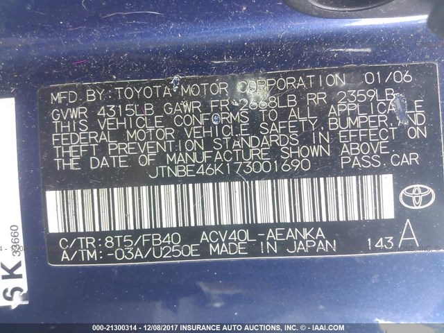 JTNBE46K173001690 - 2007 TOYOTA CAMRY NEW GENERAT CE/LE/XLE/SE BLUE photo 9