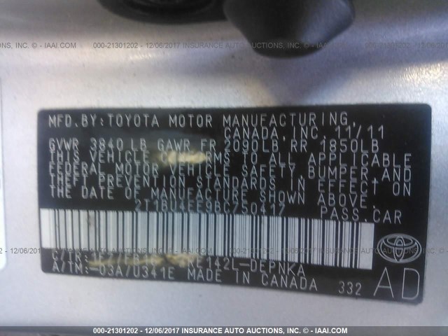 2T1BU4EE9BC750417 - 2011 TOYOTA COROLLA S/LE SILVER photo 9